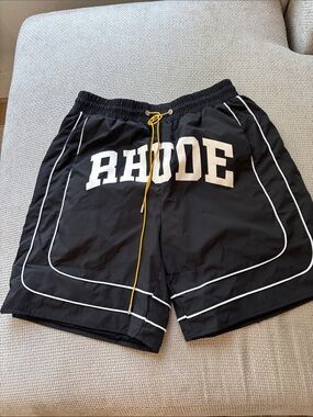 RHUDE Black Shorts with White Piping and Yellow Drawstring